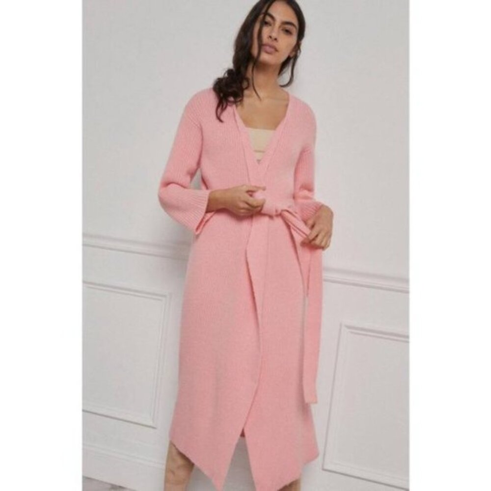 Anthropologie Alma Amadi Duster Cardigan Sweater XS Long Tie Belt Pink